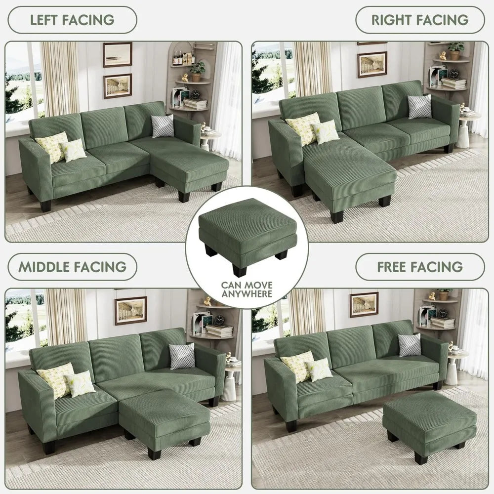 L-Shaped Convertible Sectional Sofa with Mobile Footrest for Living Room