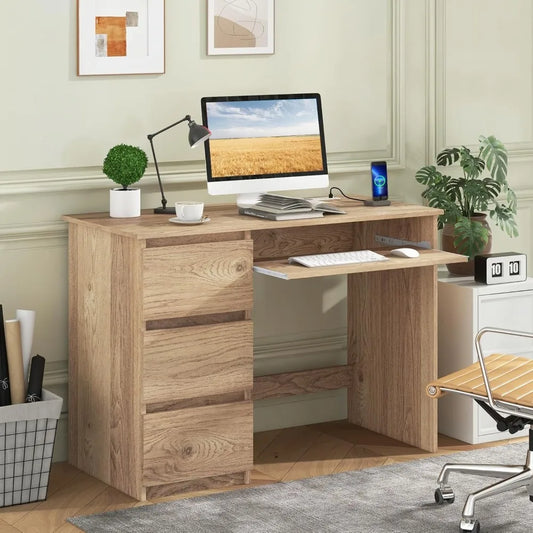 Ljustra Computer Desk with Charging Station 3 Storage Drawers Keyboard Tray