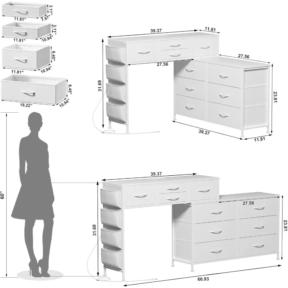 67 Inch Rotatable Dressing Table with LED Lights and Charging Station