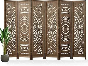 66.9Inch Folding Room Divider 6 Panels Wood Carved Privacy Screen