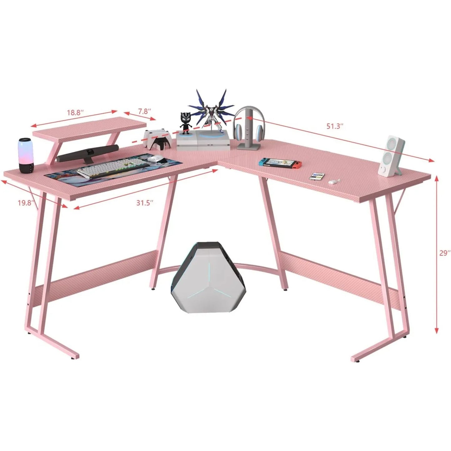 **** Pink L Shaped Gaming Desk Computer Corner Table with Monitor Stand