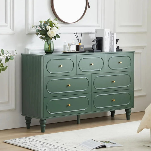 7 Drawer Fluted Dresser Mid Century Modern Chest of Drawers Organizer