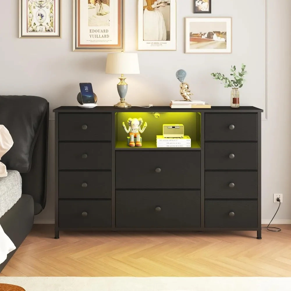 Dresser with Charging Station LED Lights 10 Drawers Modern Storage Unit
