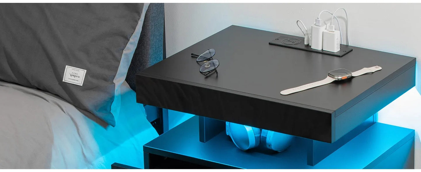 Nightstand with Wireless Charging USB Ports Modern Bedside Table Storage