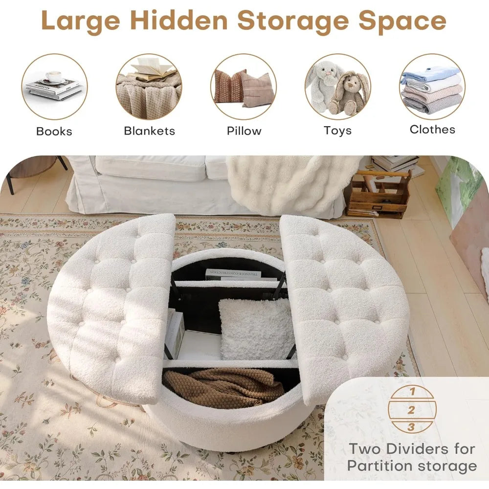Round Storage Ottoman Coffee Table Upholstered Lift Top Footrest