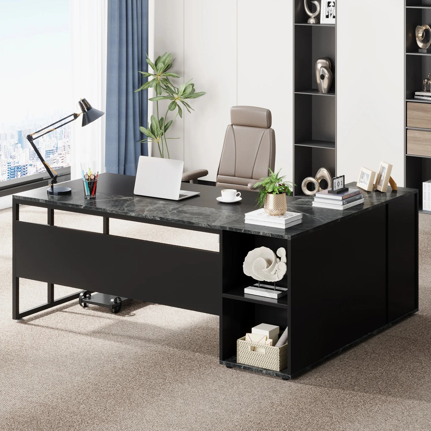 L Shaped Executive Desk with Storage Cabinet 71 Inch Office Furniture