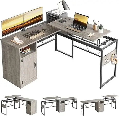 L Shaped Standing Desk Adjustable Height Corner Computer Desk with Cabinet