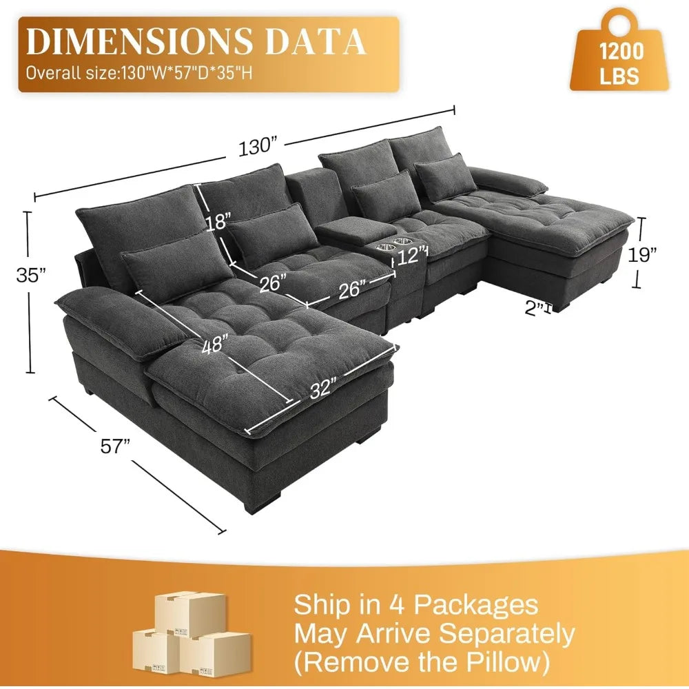 130” U Shaped Cloud Sectional Sofa with Storage & Cup Holders | Fjellheim
