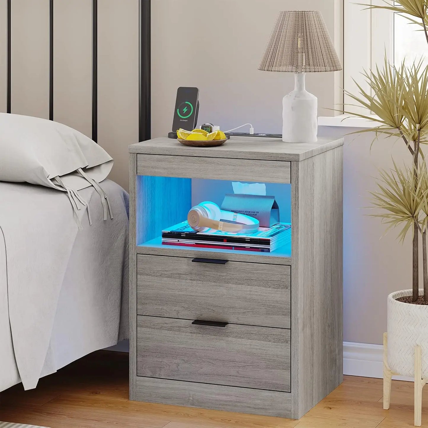 LED Nightstand Set of 2 with Wireless Charging Station and Drawers
