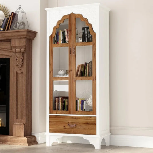 Carved Storage Cabinet 2 Glass Doors Drawer Living Room Furniture