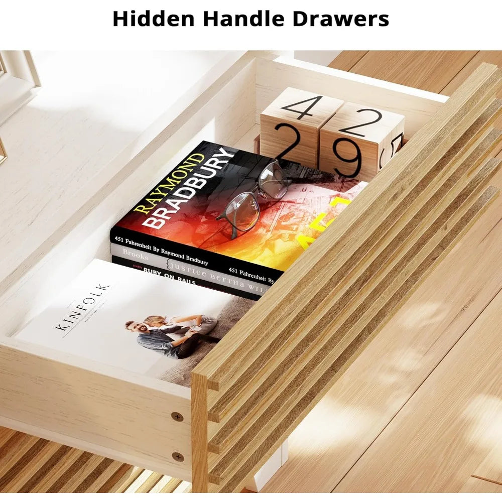 Fluted Dresser 59" Wide Wood Chest with 6 Drawers and Hooks for Bedroom