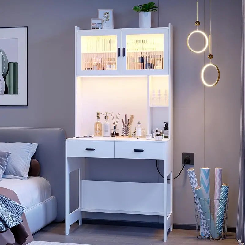 Ljustra Modern Office Desk with Hutch LED Lights Power Outlet Storage