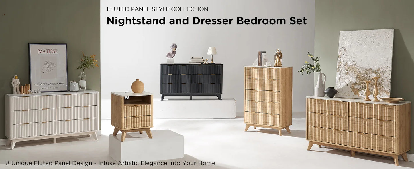 Modern 6 Drawer Dresser Faux Marble Top Fluted Chest of Drawers