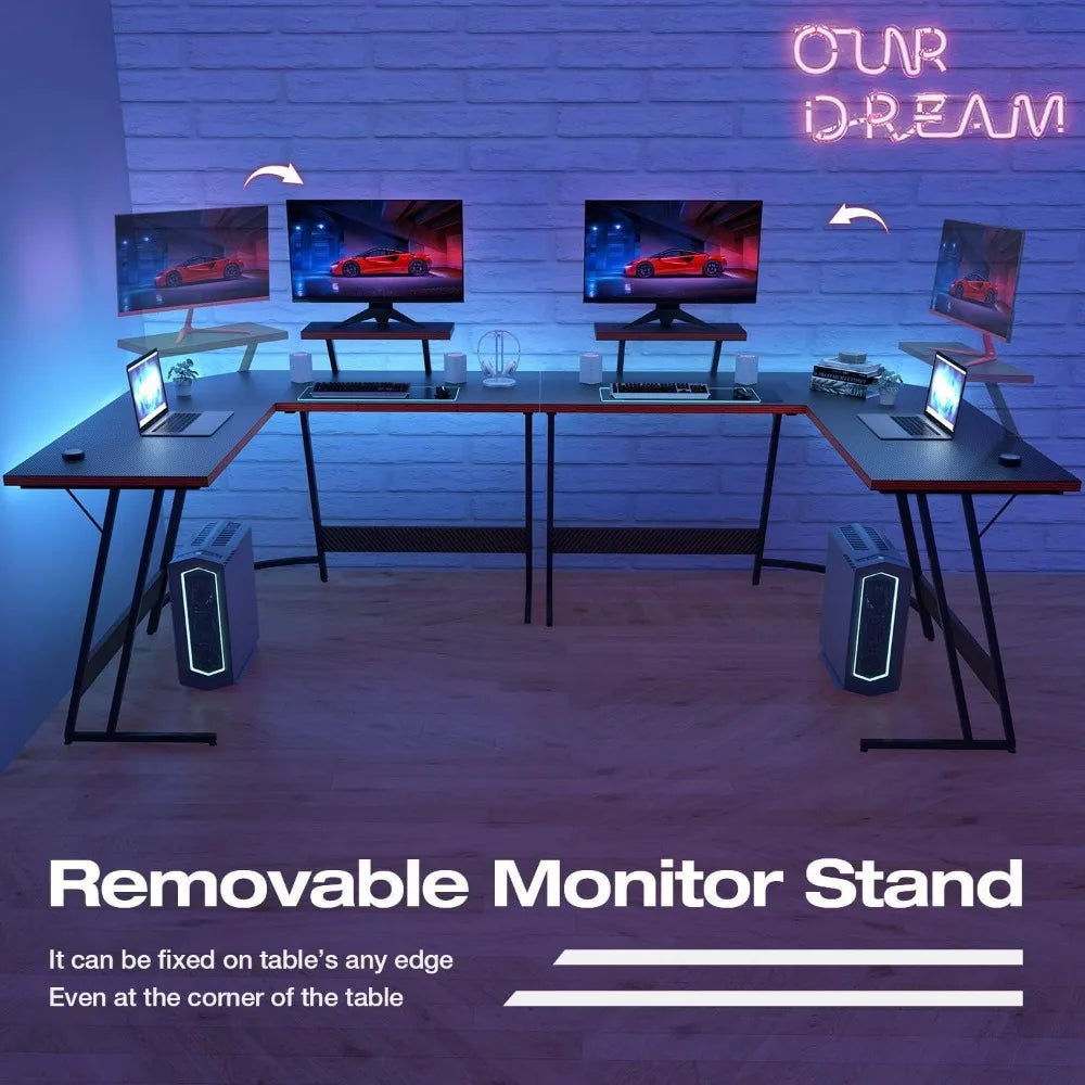 L Shaped Gaming Desk Corner PC Table with Monitor Riser for Home Office