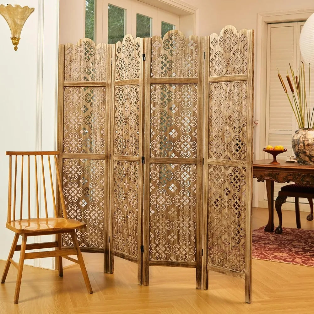 68.9Inch Folding Room Divider 4 Panels Wood Carved Privacy Screen