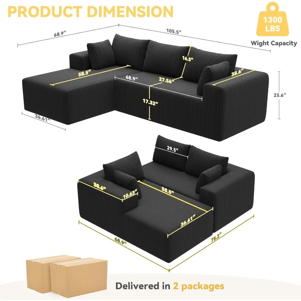 L-Shaped Cloud Sectional Sofa Modular Deep Seat No Assembly Corduroy