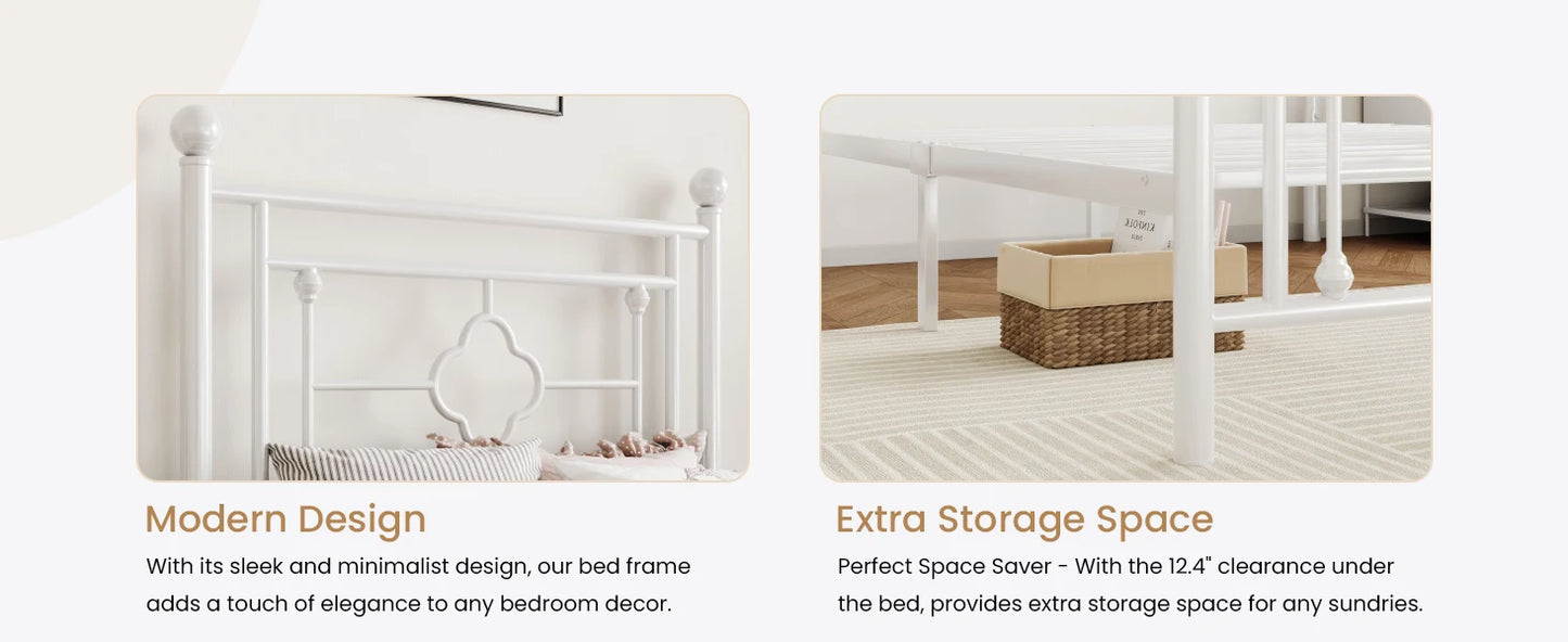 Vintage Twin Size Metal Platform Bed Frame with Headboard and Footboard