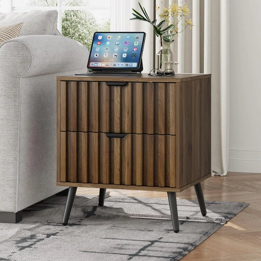 Walnut Mid Century Nightstand with 2 Drawers Modern Bedside Table