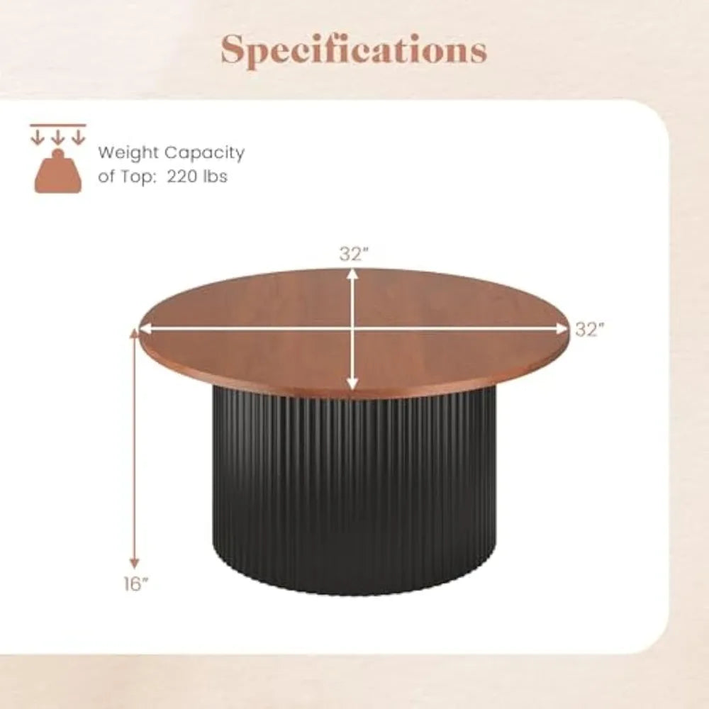 Round Coffee Table Mid Century Modern Wooden Accent Cocktail Table 32"