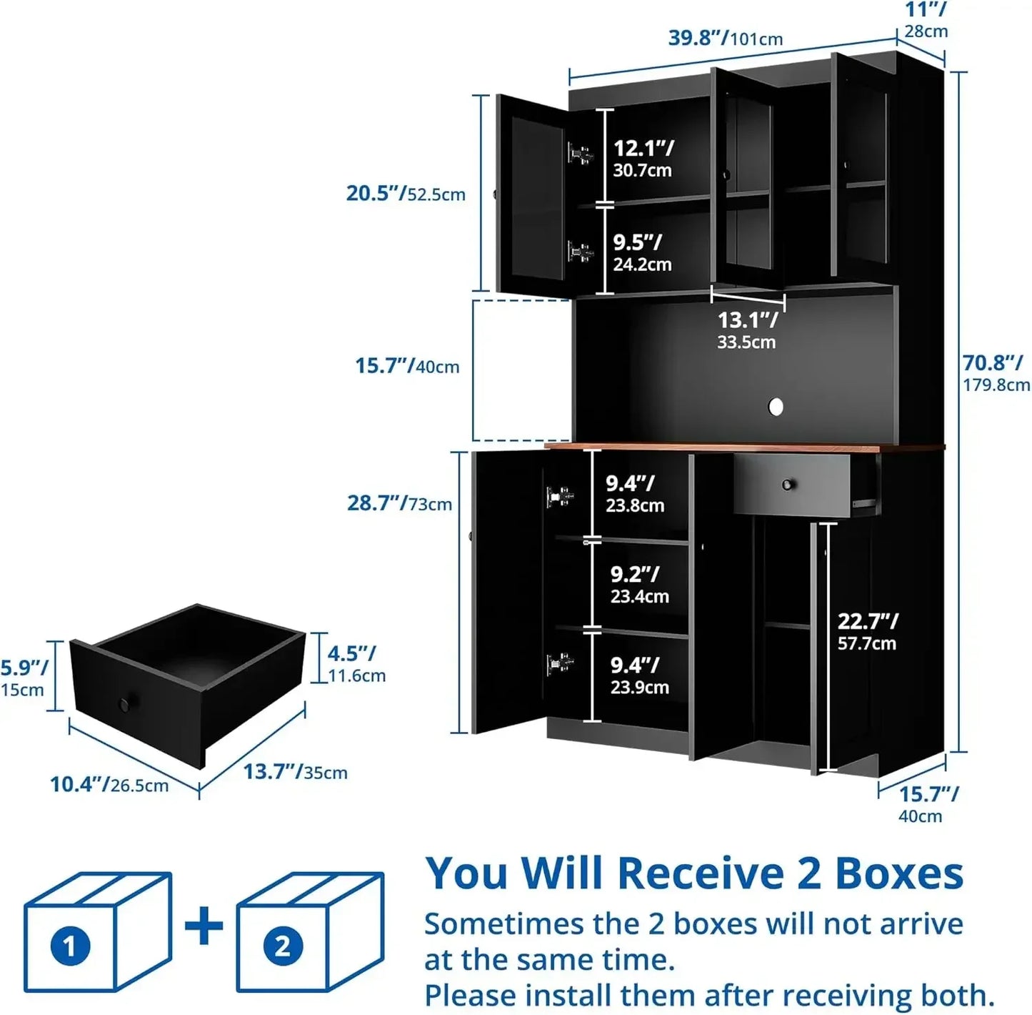71 Inch Tall Kitchen Pantry Storage Cabinet with Microwave Stand Black