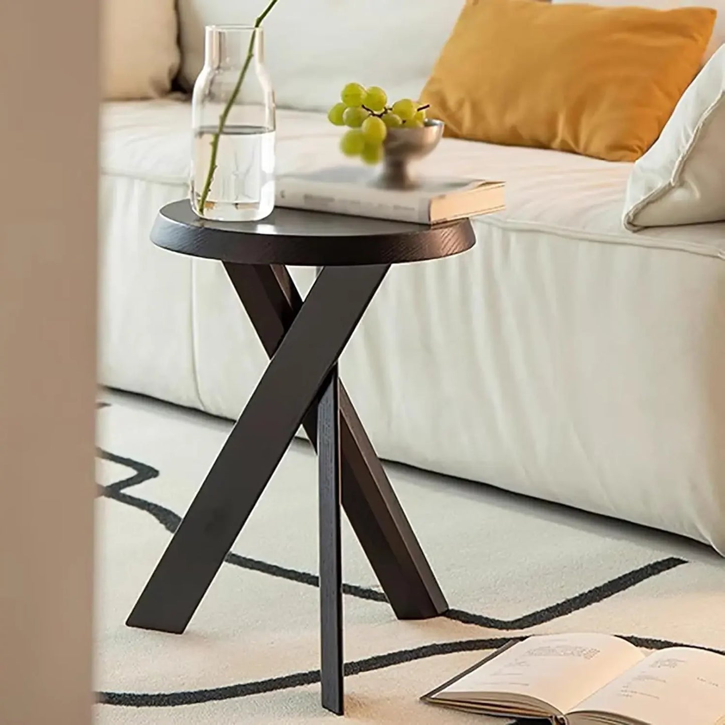 Round Coffee Table Solid Wood Rustic End Table with Crossed Legs