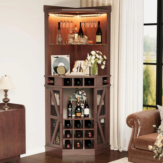 Tall Corner Bar Cabinet with LED Light Tempered Glass Rack Wine Storage