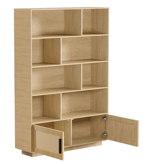 5 Tier Boho Bookshelf Rattan Doors Wooden Bookcase Storage Living Room