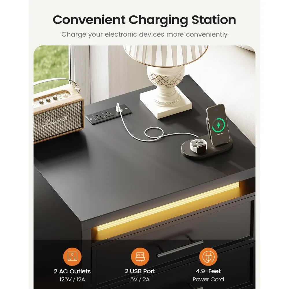 Night Stand with Charging Station LED Lightbox 3 Drawer Bedside Table