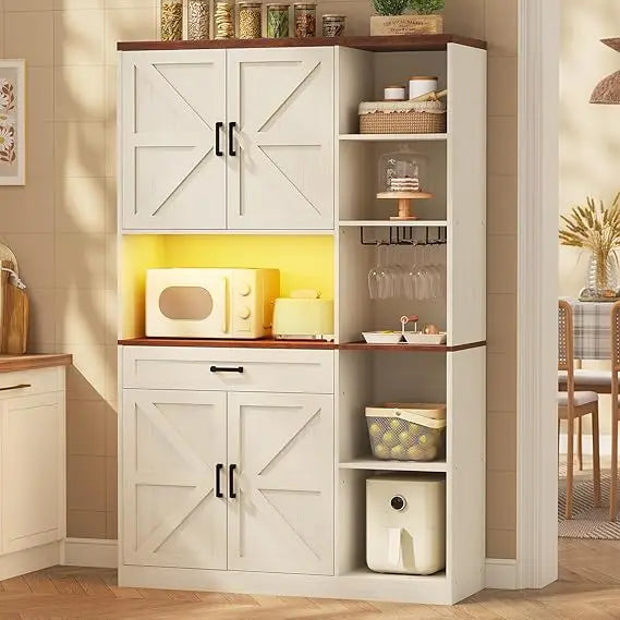 Farmhouse Kitchen Pantry Storage Cabinet Freestanding Hutch Drawers Shelves