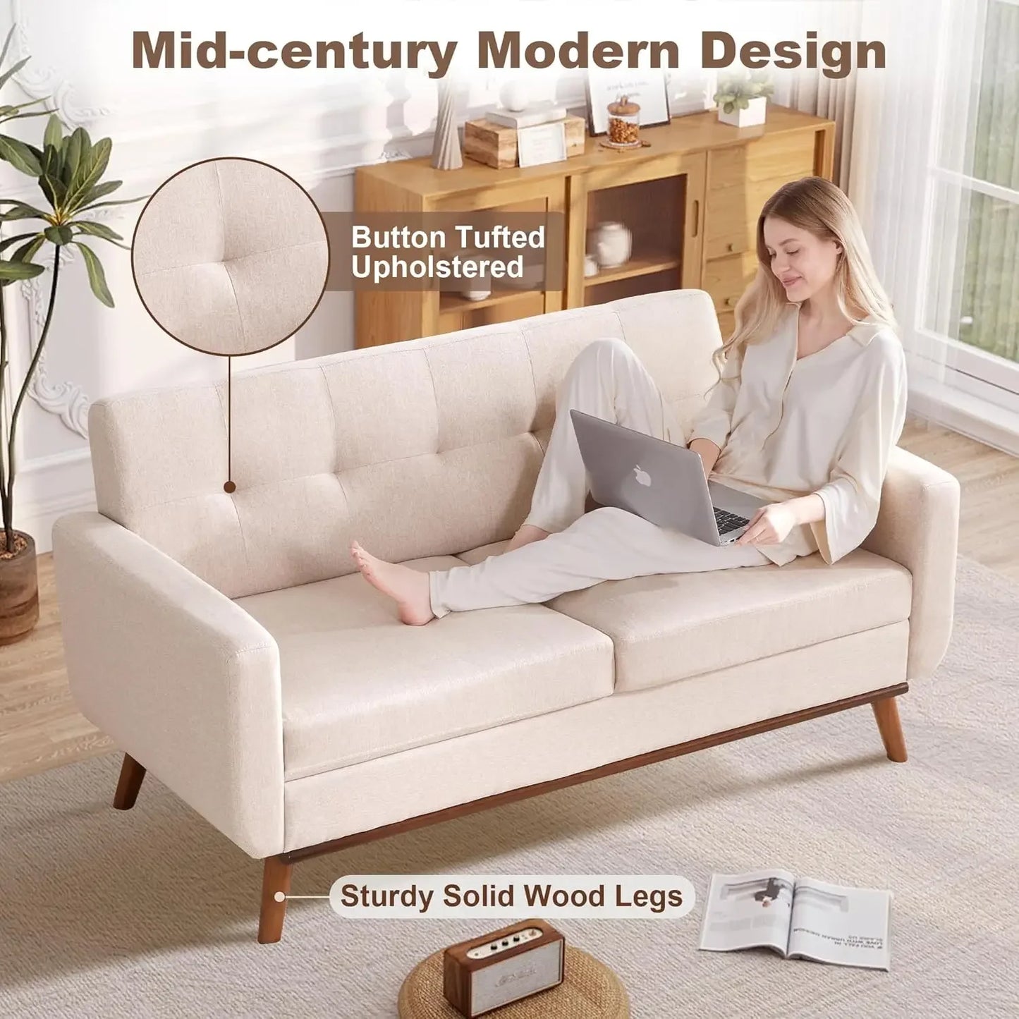 65 Inch Loveseat Sofa Mid Century Modern Button Tufted Upholstered Couch