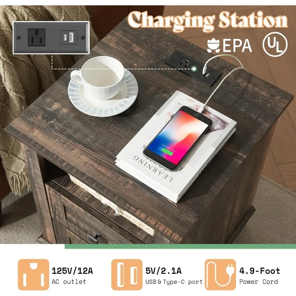 18 Inch Farmhouse End Table Nightstand with Charging Station and Drawers