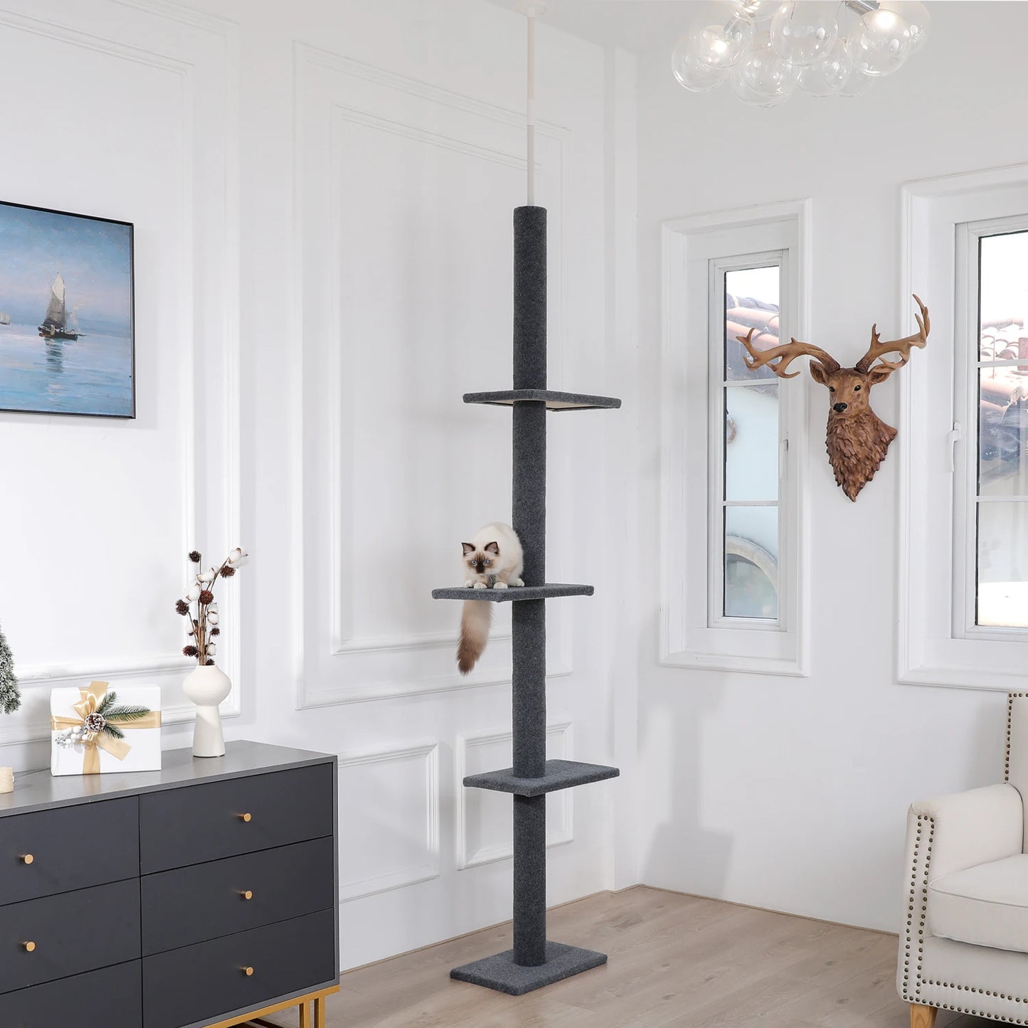 Adjustable Height Cat Tree Indoor Floor to Ceiling Tower Scratching Post