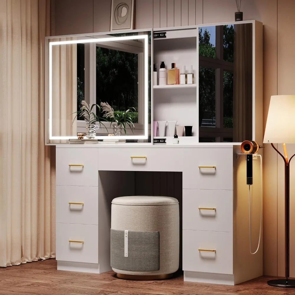 Modern Vanity Desk with Lighted Mirror Charging Station Makeup Table