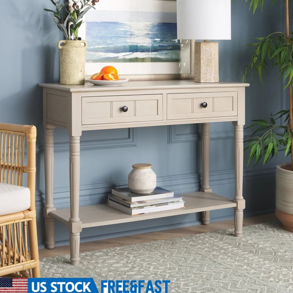 Contemporary 2 Drawer Console Table Vintage Grey Pine Wood Indoor Furniture