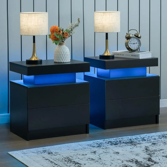 Nightstand Set of 2 LED Bedside Table with 2 Drawers for Bedroom