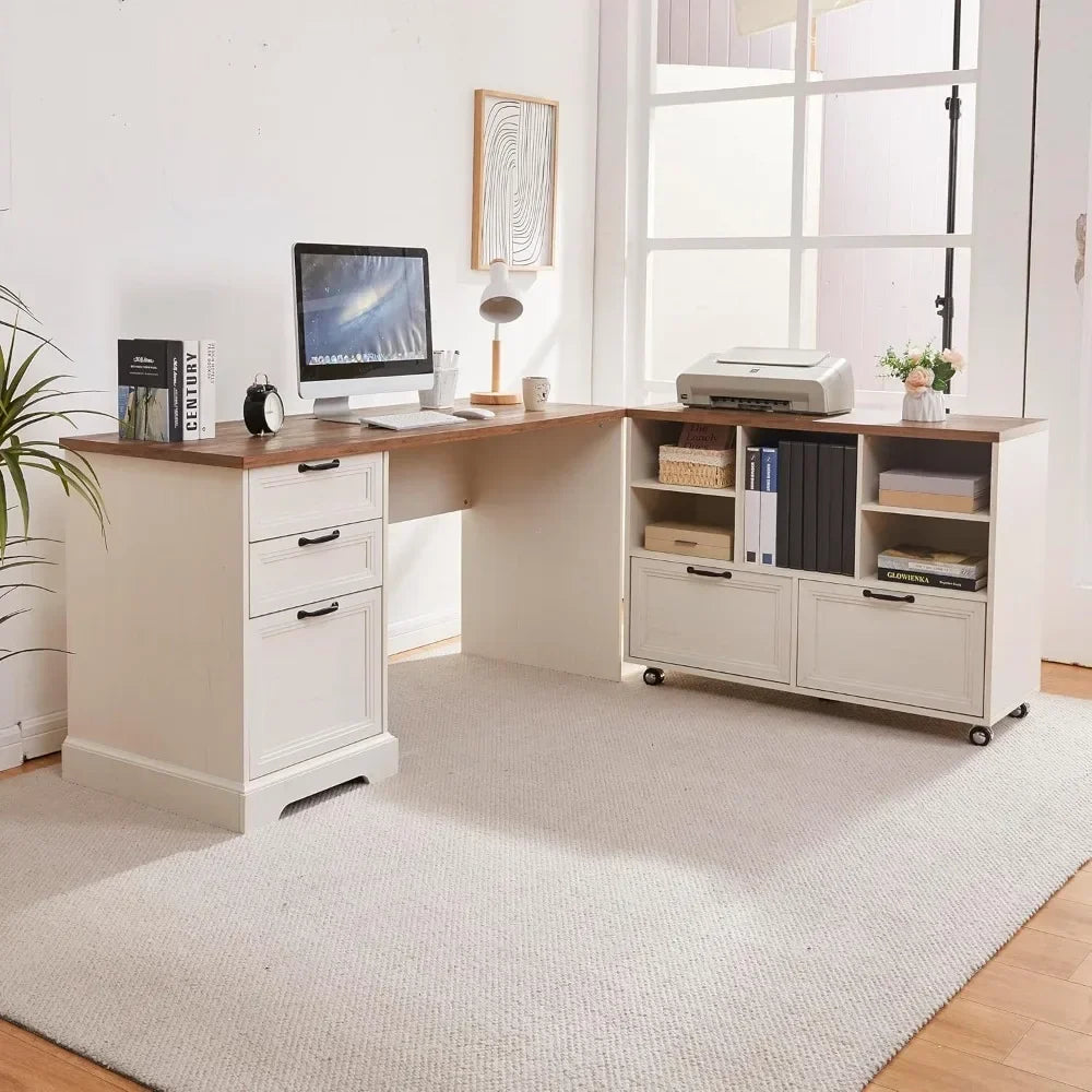 L-Shaped Executive Desk with Adjustable File Cabinet and Charging Station