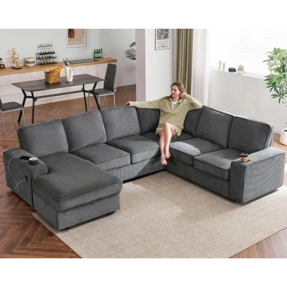 112 Inch U Shaped Sectional Sofa with USB Ports and Storage Chaise