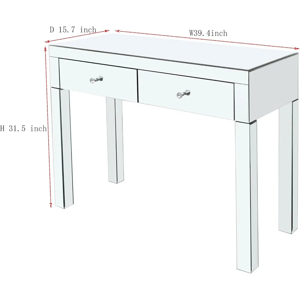 Silver Mirrored Makeup Vanity Desk Set with 2 Drawers for Women