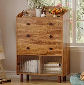 Modern Sideboard Buffet Cabinet with 3 Drawers and Fluted Glass
