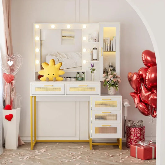Women Vanity Desk with Mirror and Lights Makeup Table 5 Drawers 40 Inch