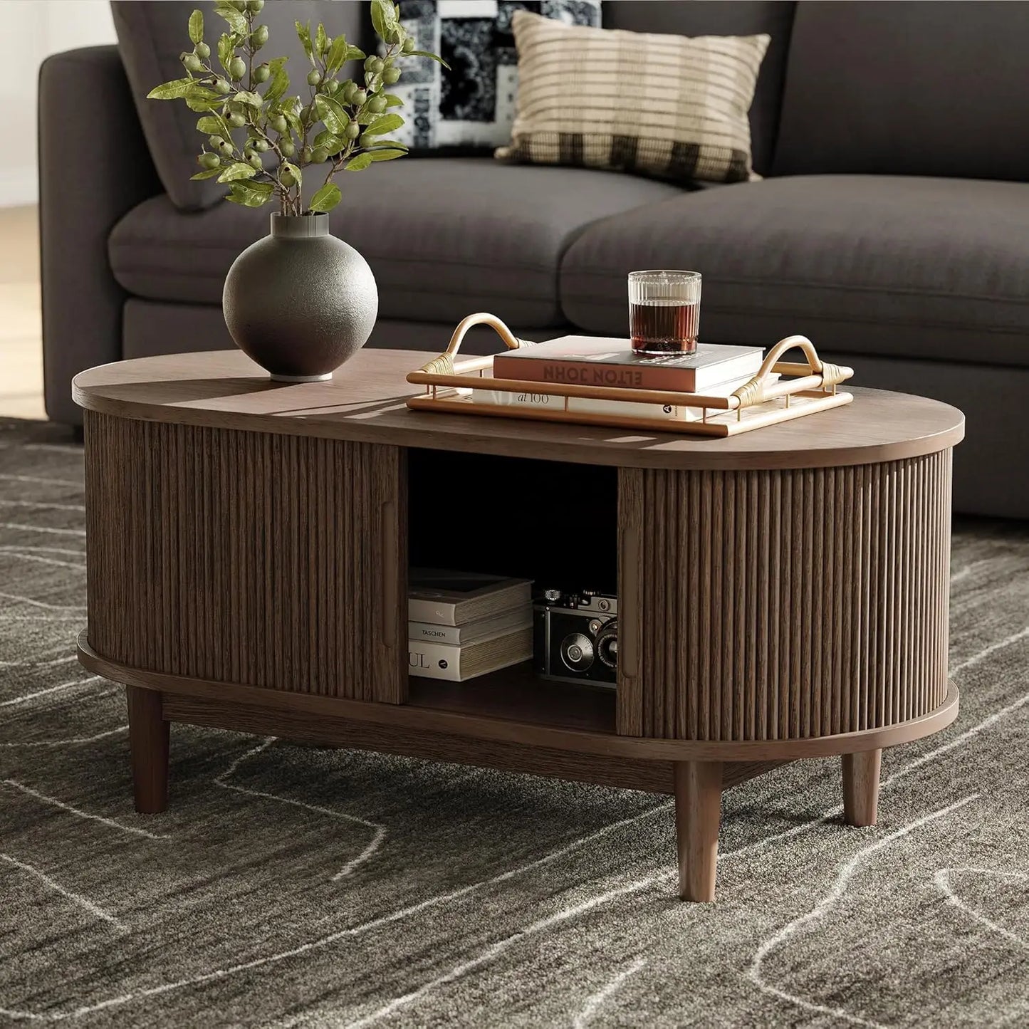 Mid Century Modern Coffee Table with Sliding Tambour Door Storage
