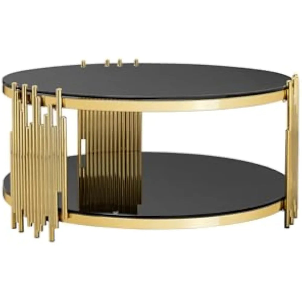 Luxury Modern 2 Tier Round Coffee Table Black Glass Gold Frame