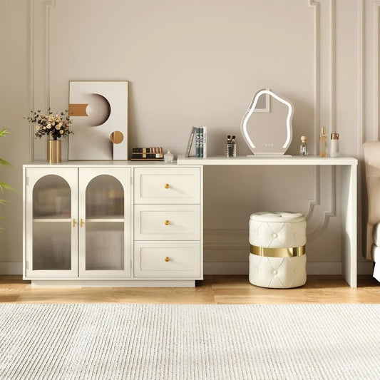 Modern L Shaped White Makeup Vanity Desk with Storage for Women