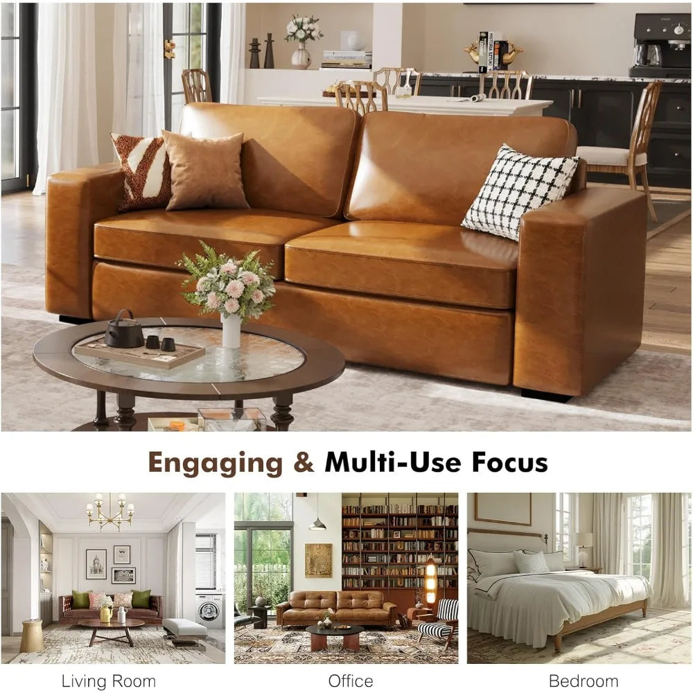 85 Inch Faux Leather Couch Mid Century Modern Deep Seat Sofa