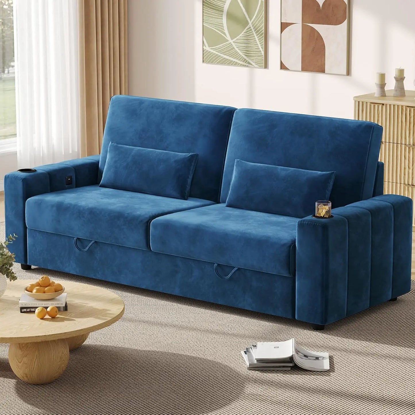 88 Inch Modern Velvet Recliner Sofa with Storage and Charging Ports