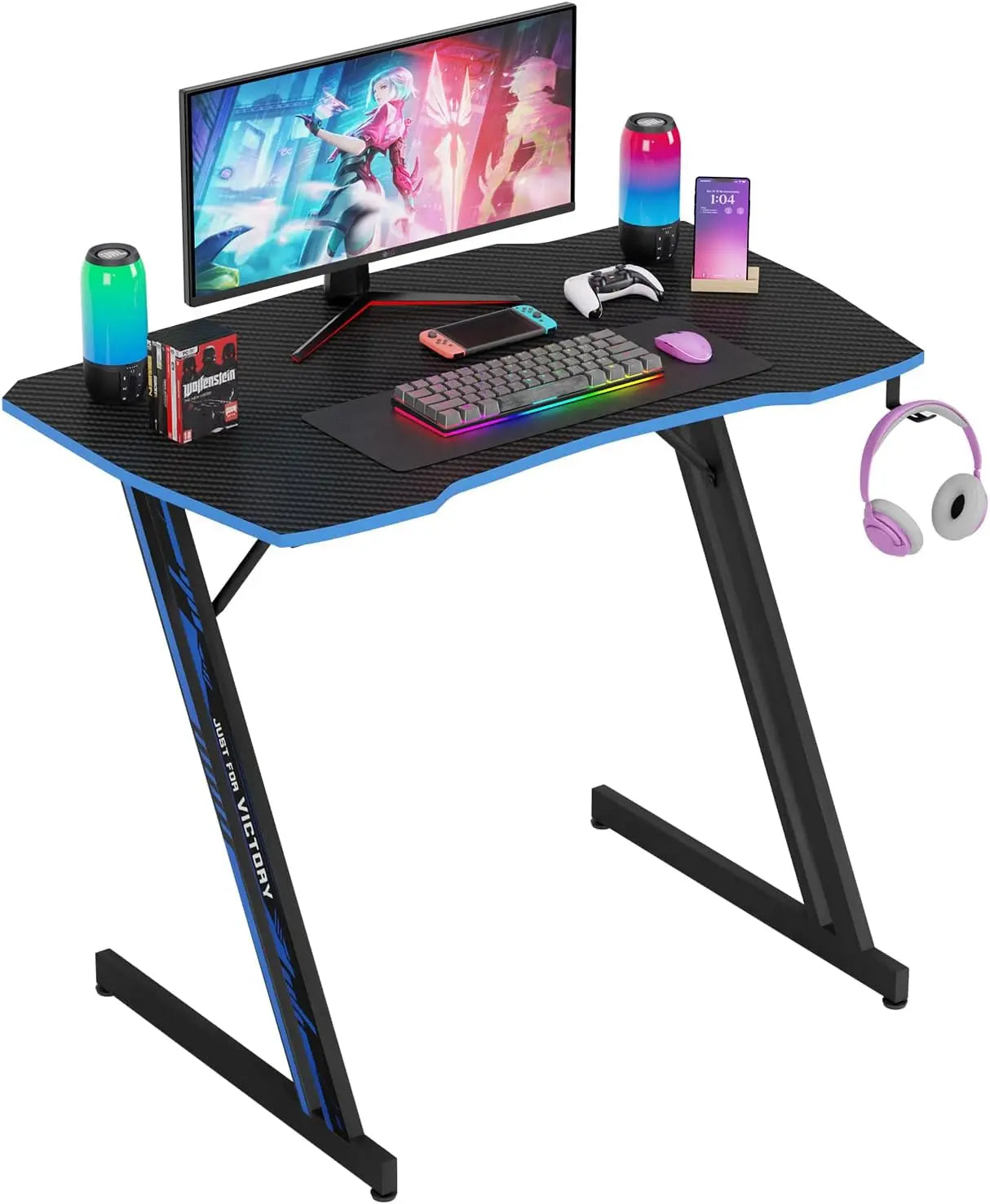 Modern 47 Inch Z-Shaped Gaming Desk with Headphone Hook Home Office