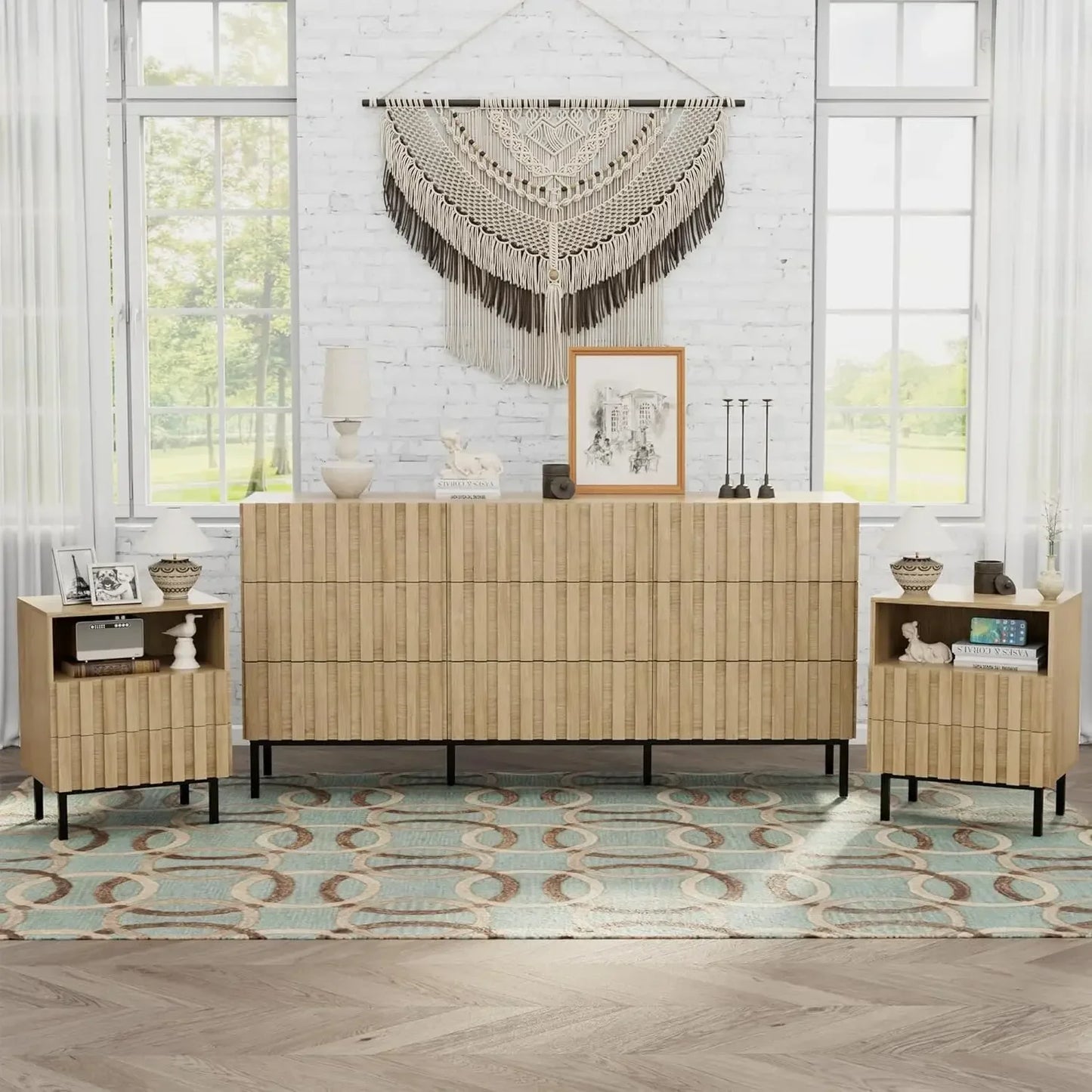 Fluted 9 Drawer Dresser Nightstand Set Mid Century Modern Bedroom