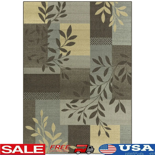 Leaf Block Gray Print Non-Slip Area Rug Stain Resistant Durable Modern