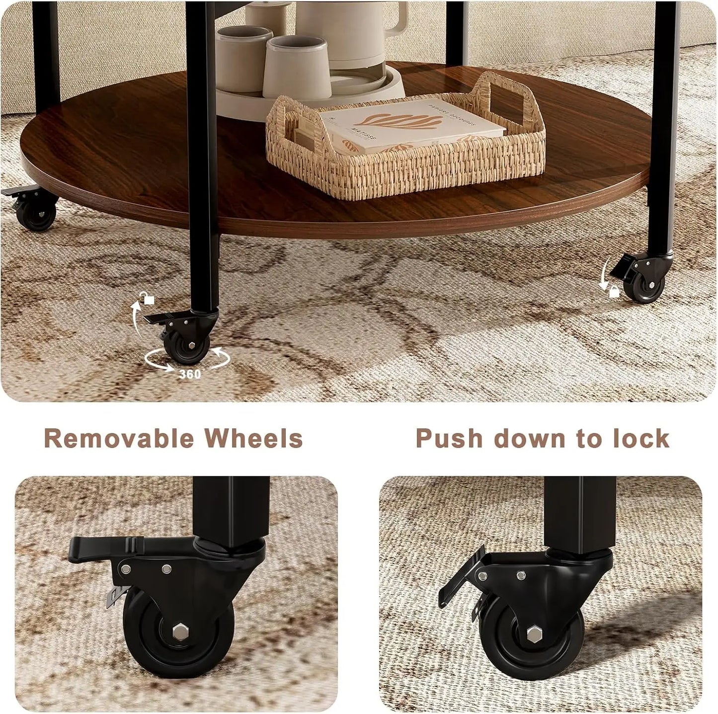 Round Lift Top Coffee Table with Wheels 26.77 inch Storage Living Room