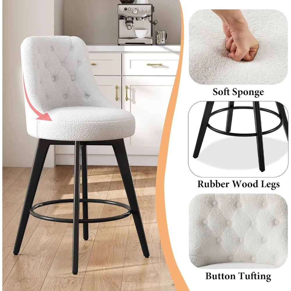 Modern Swivel Bar Stools Set of 2 Boucle Upholstered 26 Inch Height